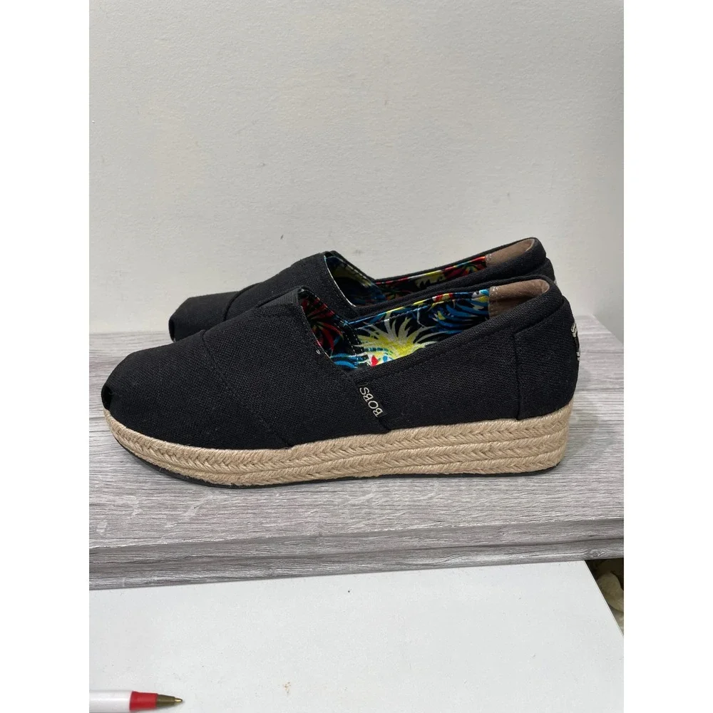 BOBS from Skechers Womens Black Canvas Espadrille Wedge Slip On Shoes Size 9